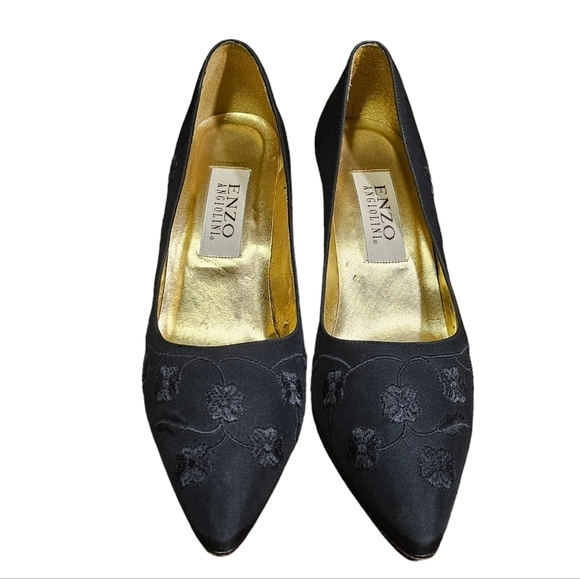 Enzo Angiolini Black Floral Embroidered 3in Slip-on Heels Size 8 - Picture 6 of 10